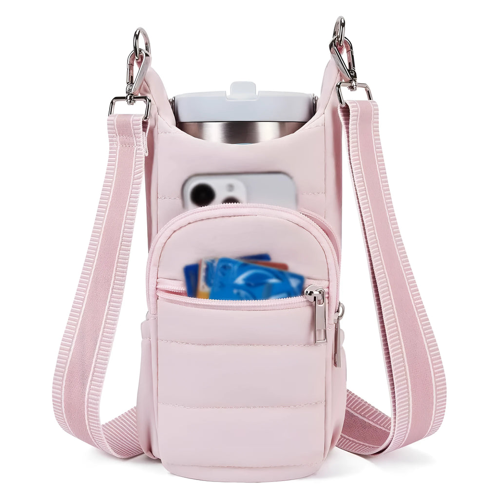 Cloth water bottle bag for bicycle frame mounting in black, pink or beige colours