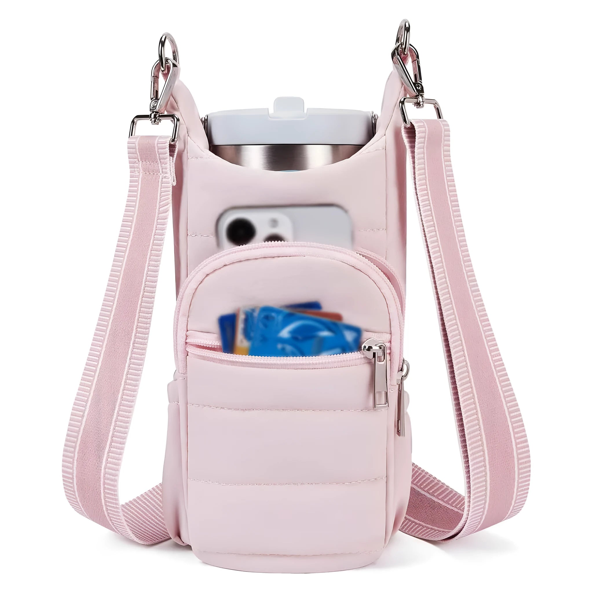 Cloth water bottle bag for bicycle frame mounting in black, pink or beige colours