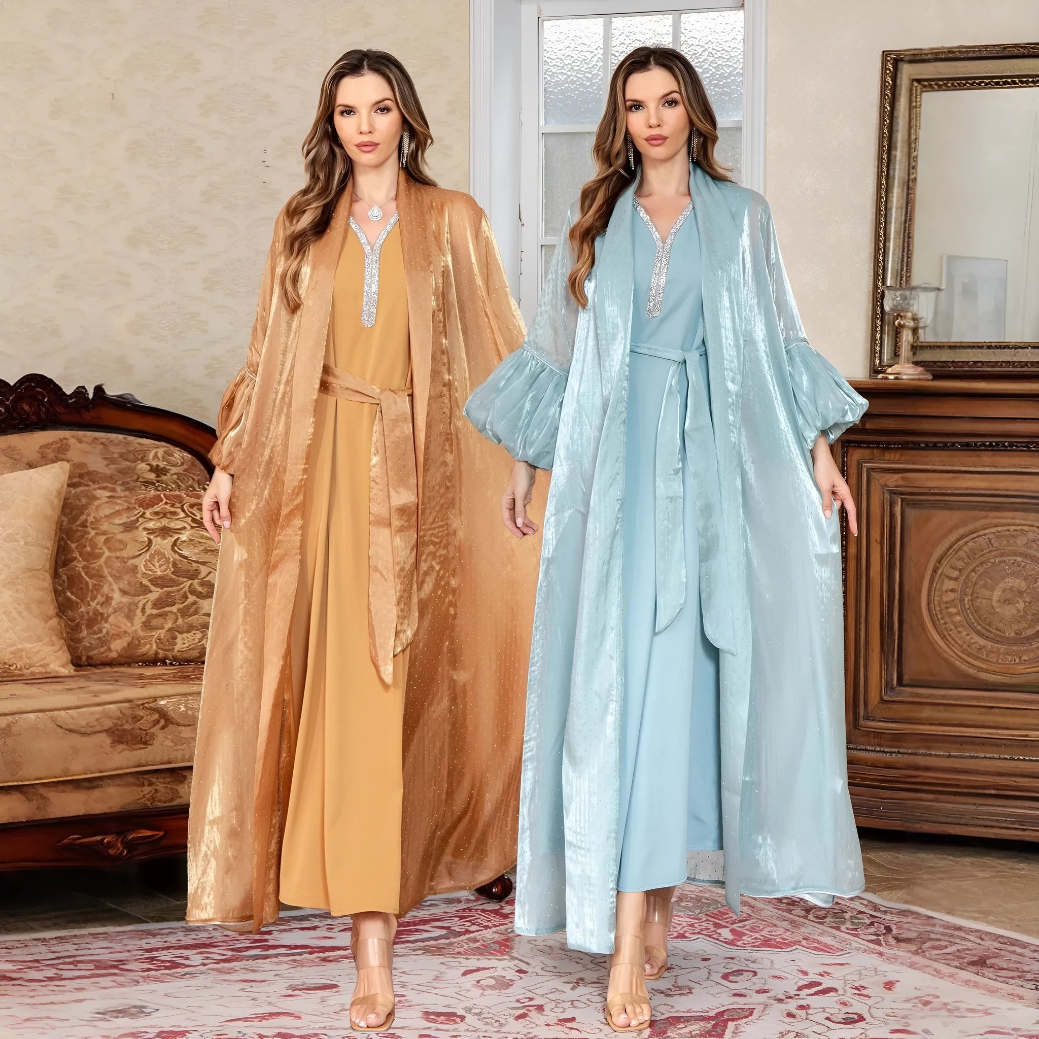 Arabic-style two-piece dress with rhinestone detailing and long sleeves in blue or brown colours