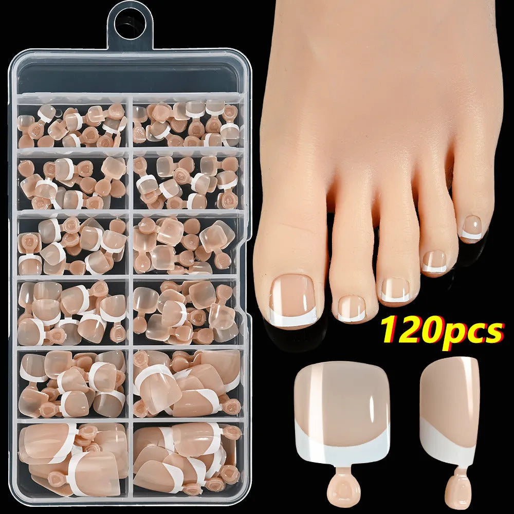 120-piece box of full square short French white tip nude press-on toenails in assorted shades