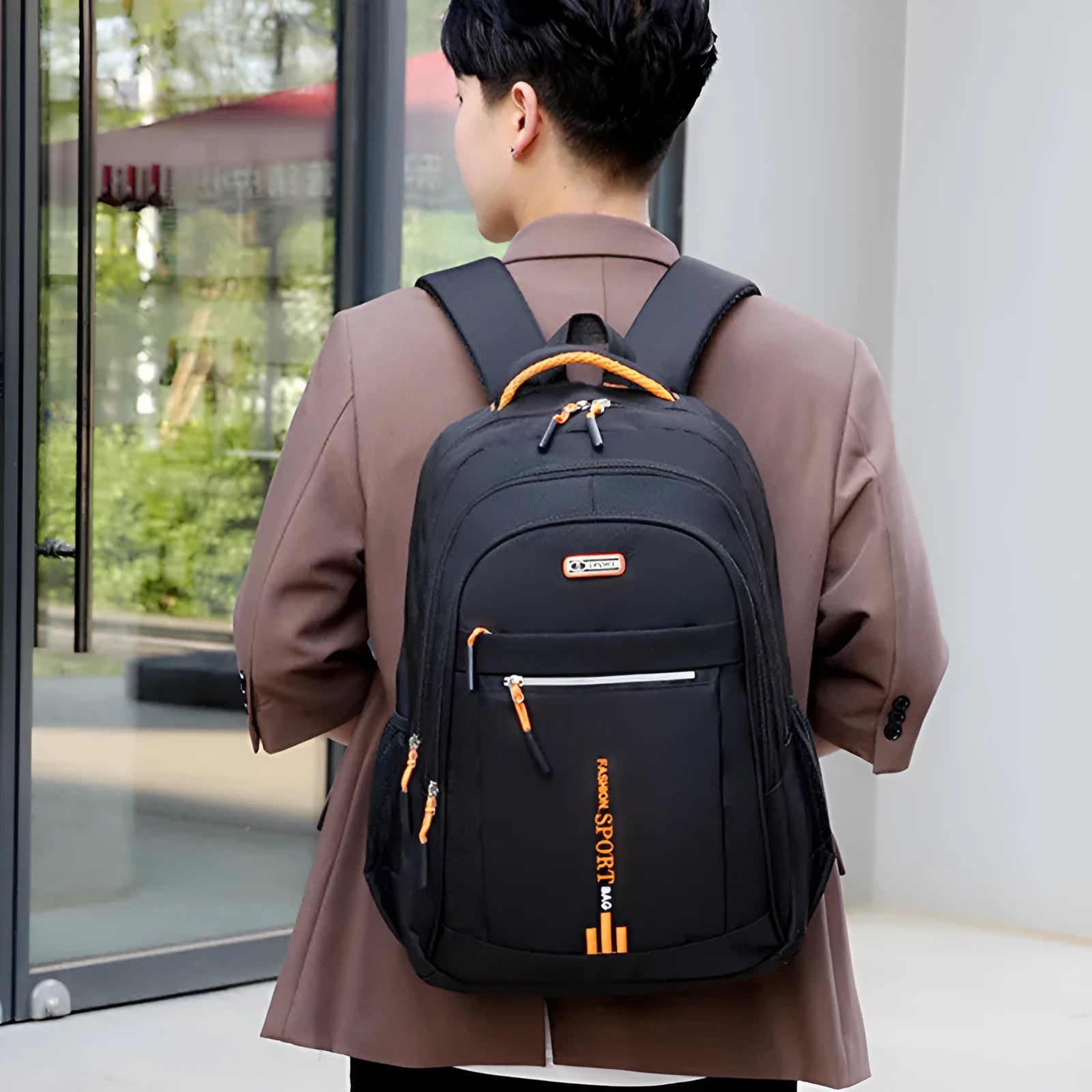 Men's solid colour nylon computer backpack with sewing thread detail, 36-55L capacity, air pillow belt