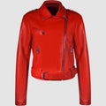 Women's black PU leather motorcycle-style jacket with a lapel short belt fastened at the waist.