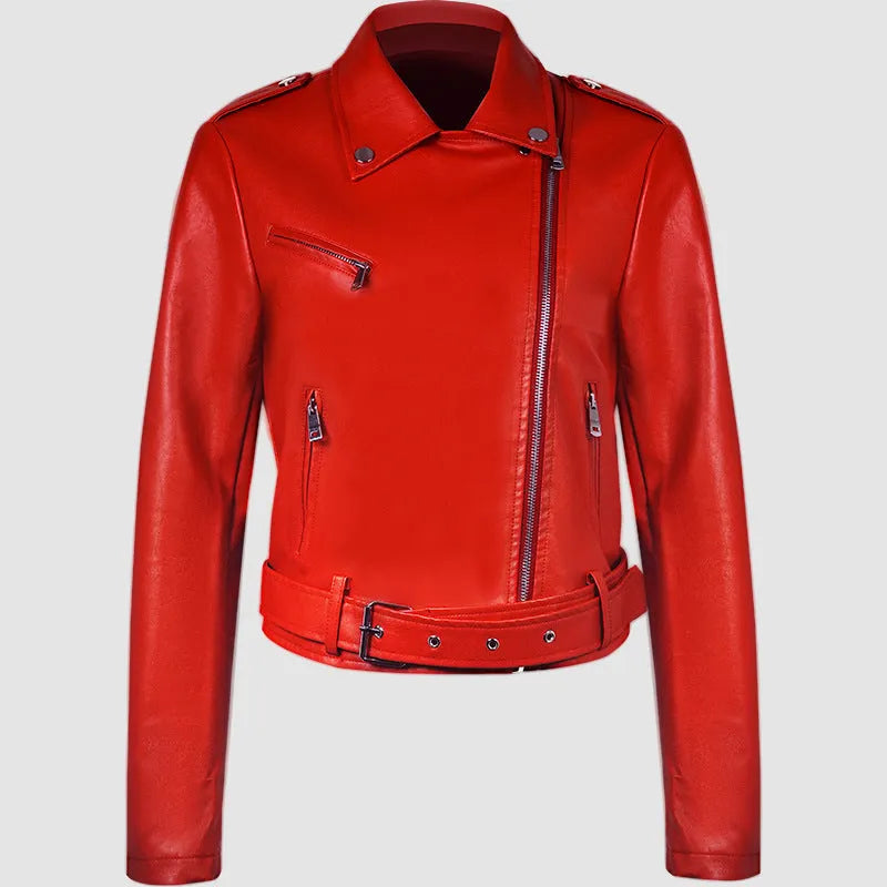 Women's black PU leather motorcycle-style jacket with a lapel short belt fastened at the waist.