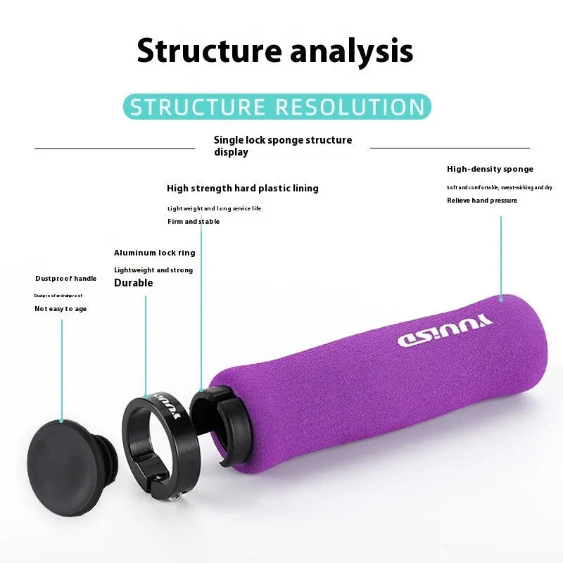 Mountain bike soft sponge handle covers in black, purple and biange colours showing ultra-light 41g design