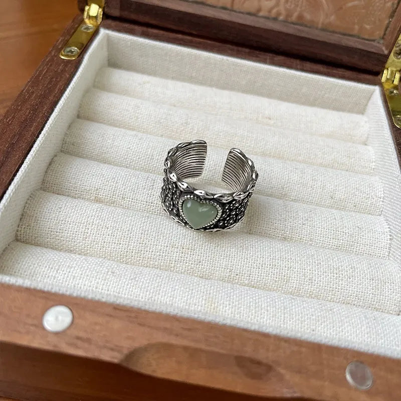 Adjustable heart ring in silver-plated white copper with retro moon design