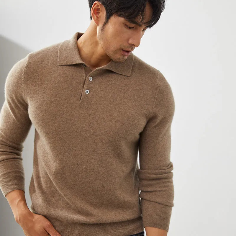 Men's sapphire blue cashmere short-sleeve pullover sweater with a polo collar.
