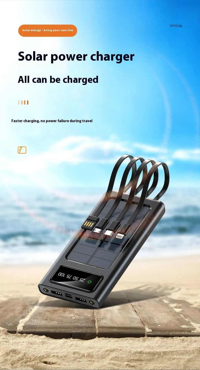 Solar power bank with integrated cables showing black plastic shell and solar panel