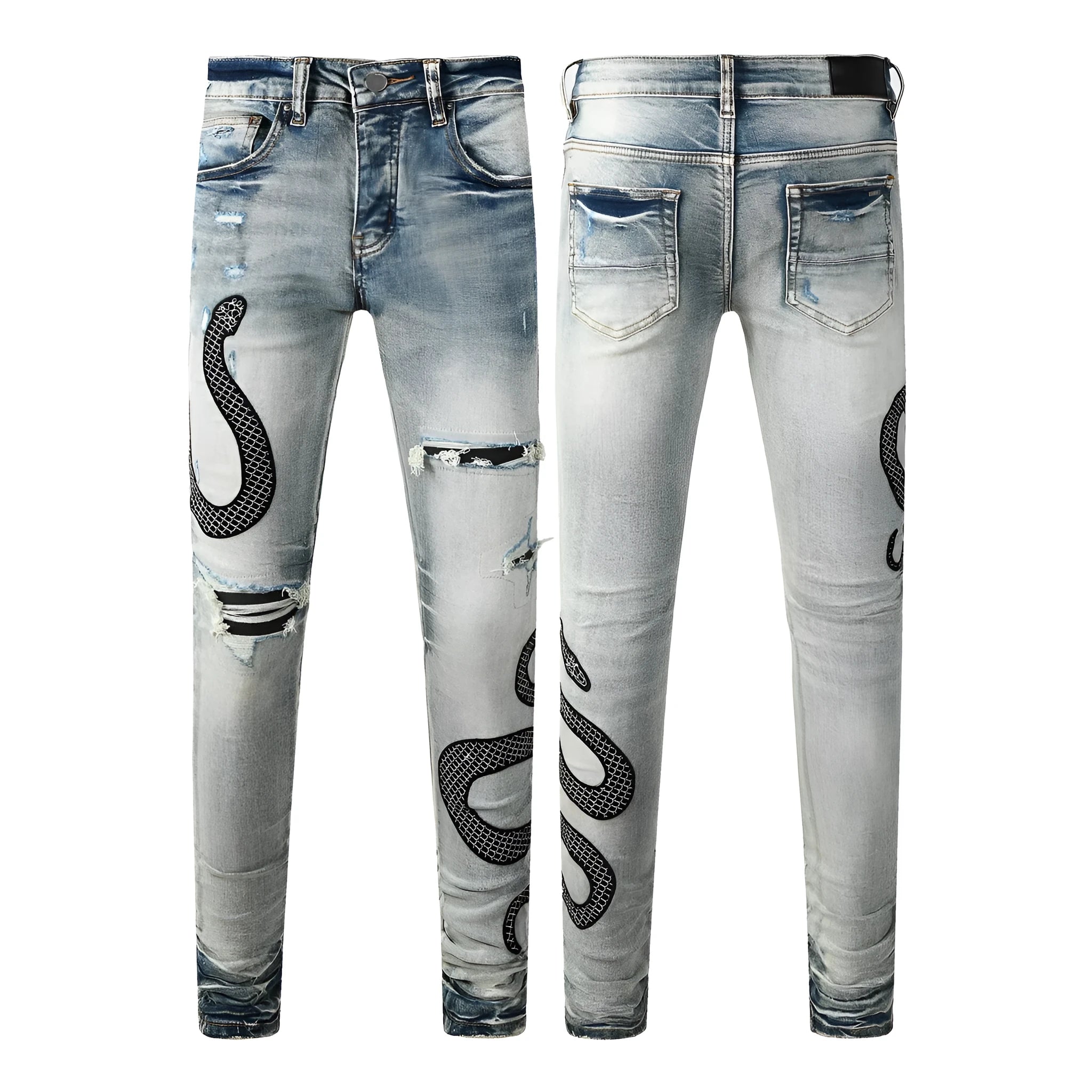 Blue distressed skinny jeans with button fly and tapered leg in street fashion style