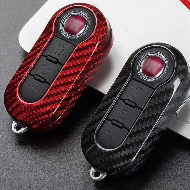Carbon fibre and glass fibre replacement car key shell cover in black, red, and silver black.