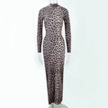 Leopard print long dress with stand collar, long sleeves, and high-waisted hip skirt design