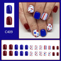 Short glossy false nail stickers with red and blue strawberry cherry design for Independence Day