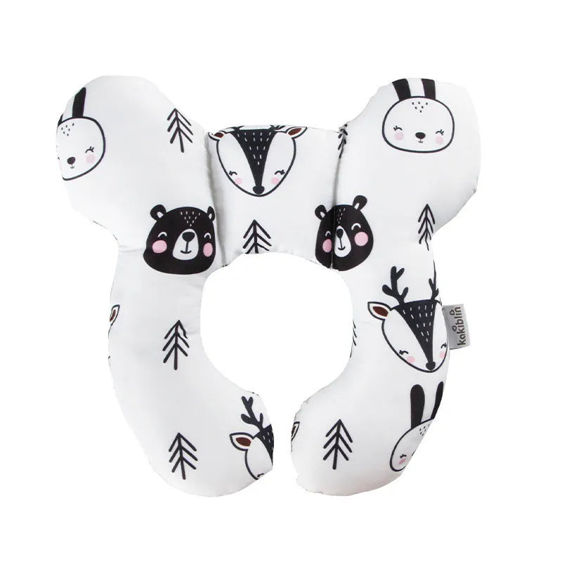 Baby U-shape pillow with cartoon fox pattern on a white background, size 25x23cm, PP cotton filling for neck support