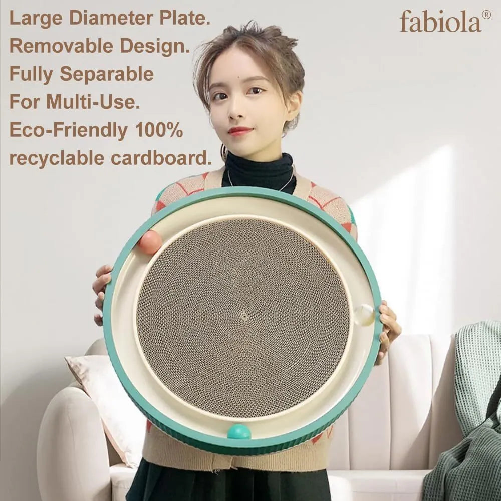 Large green circular cat scratching board with ball toys and a white replaceable core for indoor cats