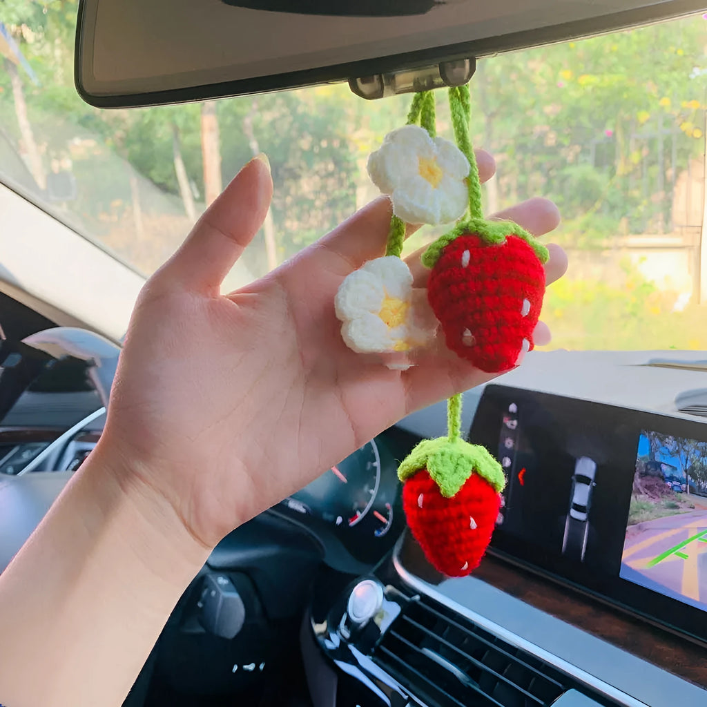 Handmade cotton and hemp knitted strawberry car pendant decorative ornament