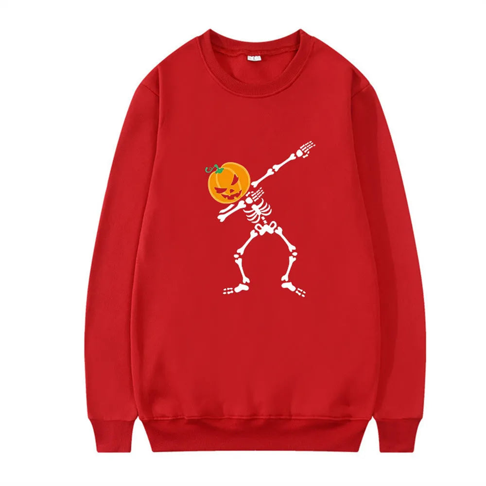 Women's casual printed long sleeve crew neck top in a cotton polyester blend on a hanger.