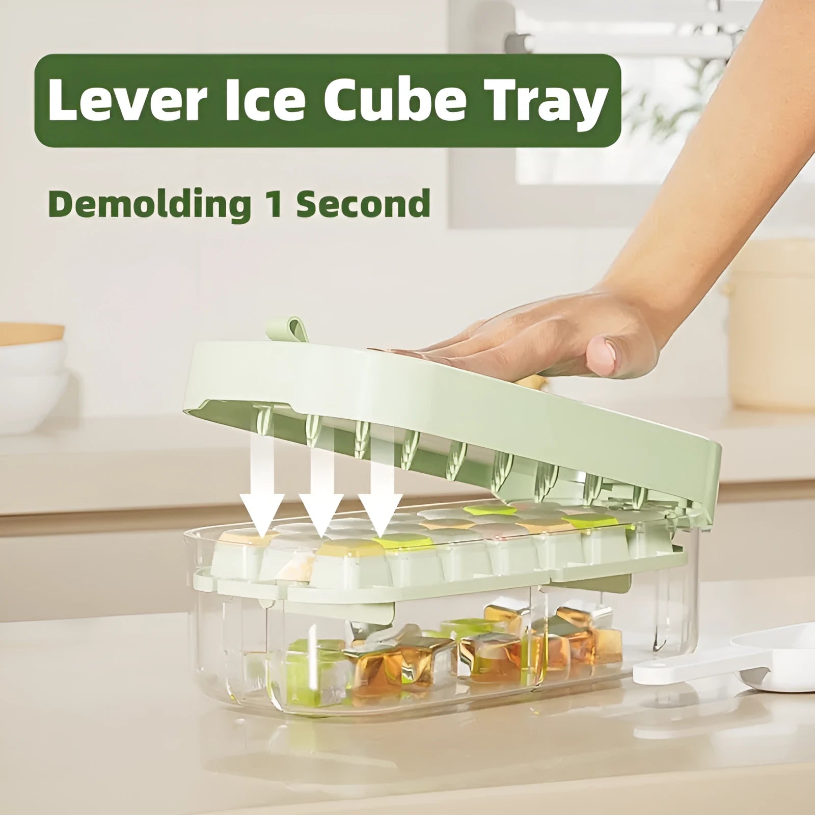 Yellow high-capacity ice cube tray with grid design and a storage slot for an ice shovel.