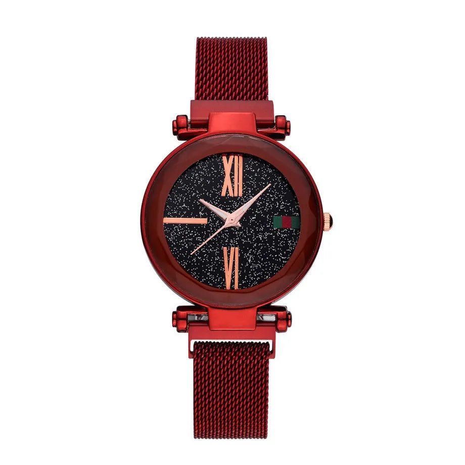 Women's magnetic clasp watch with round dial on stainless steel strap in six colour options.