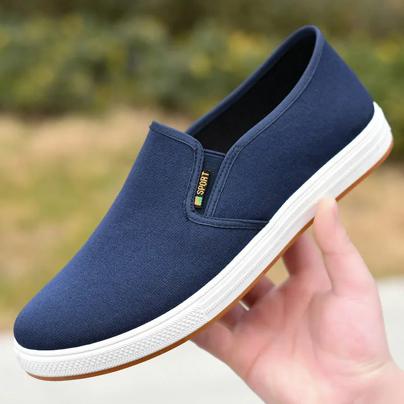 Men's black and blue canvas slip-on shoes with round toe and shallow cutting depth