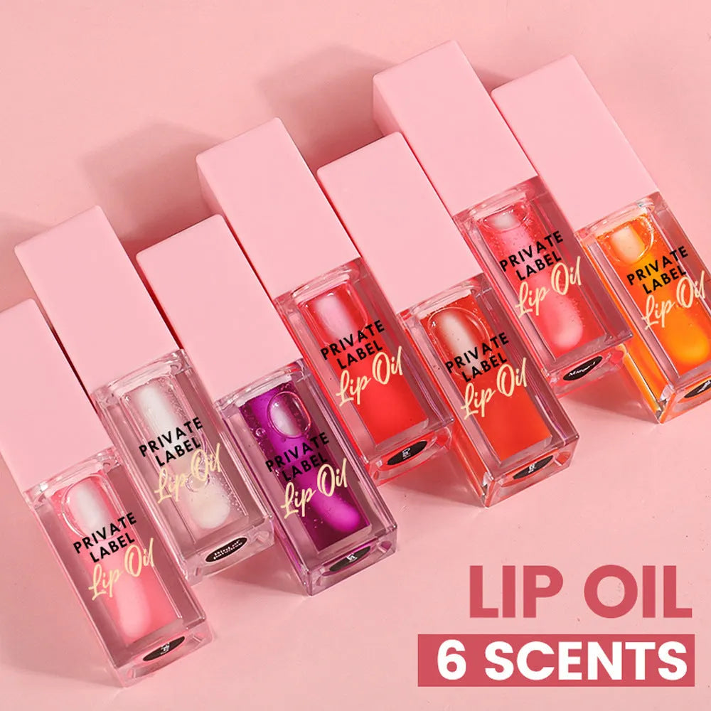 Six 6ML tubes of natural transparent women's lip gloss in fruit tints: Bird of Paradise, Cherry, Coral, Mango, Strawberry, Watermelon.