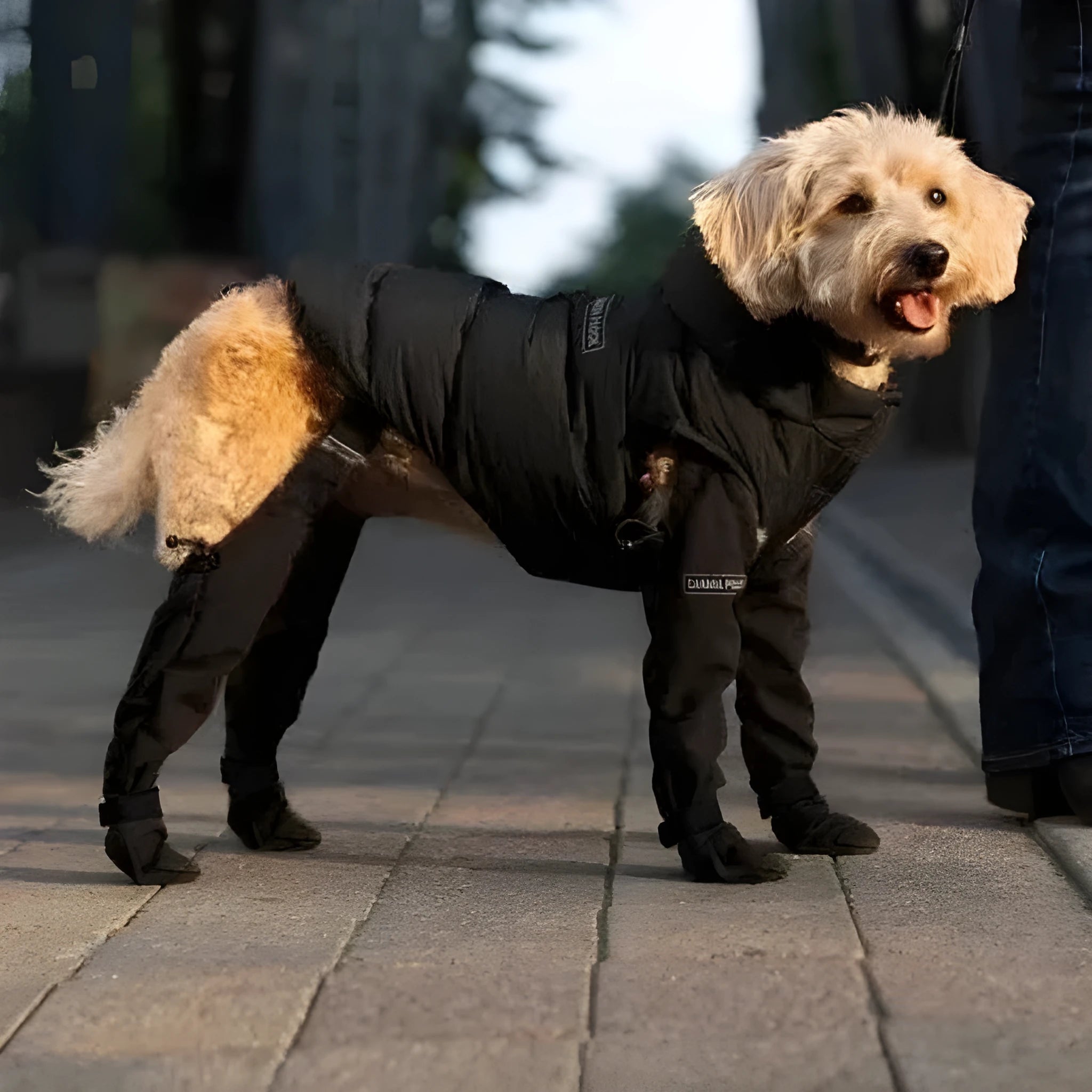 Black waterproof non-slip dog shoes or paw protectors for small to large breed dogs.