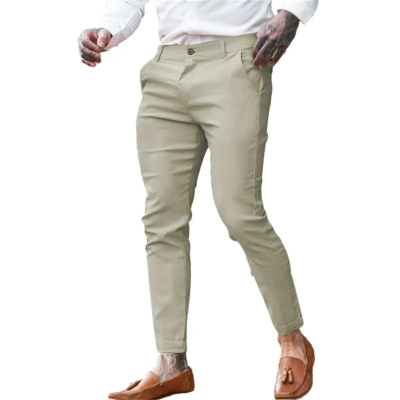 Men's slim fit stretch cotton twill pencil trousers in a choice of solid colours.