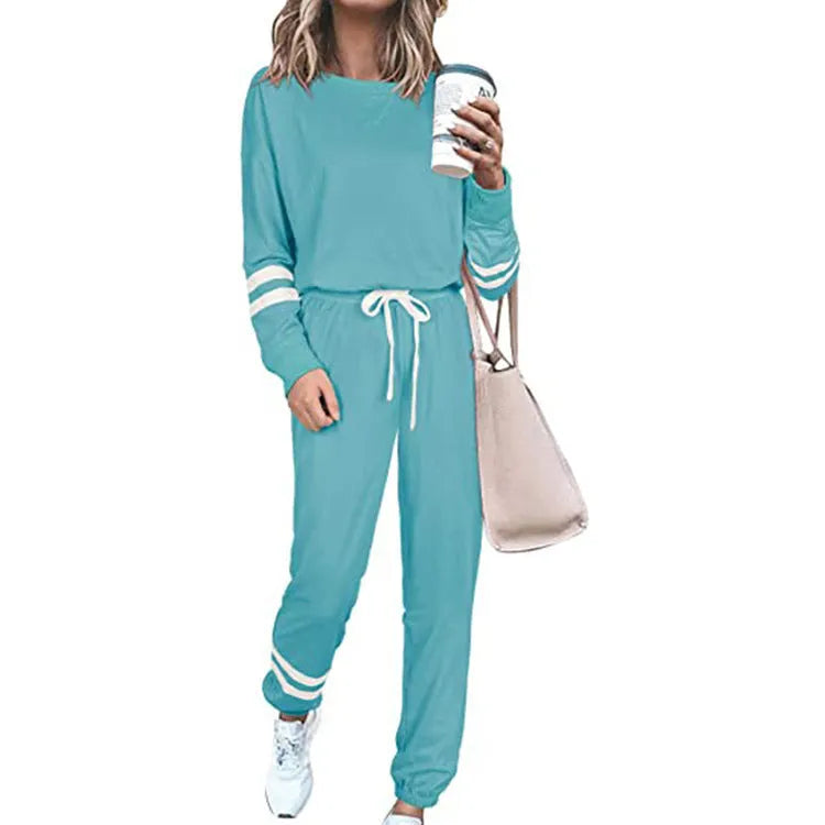 Women's plus size casual suit with long sleeve top and trousers in cotton blend fabric