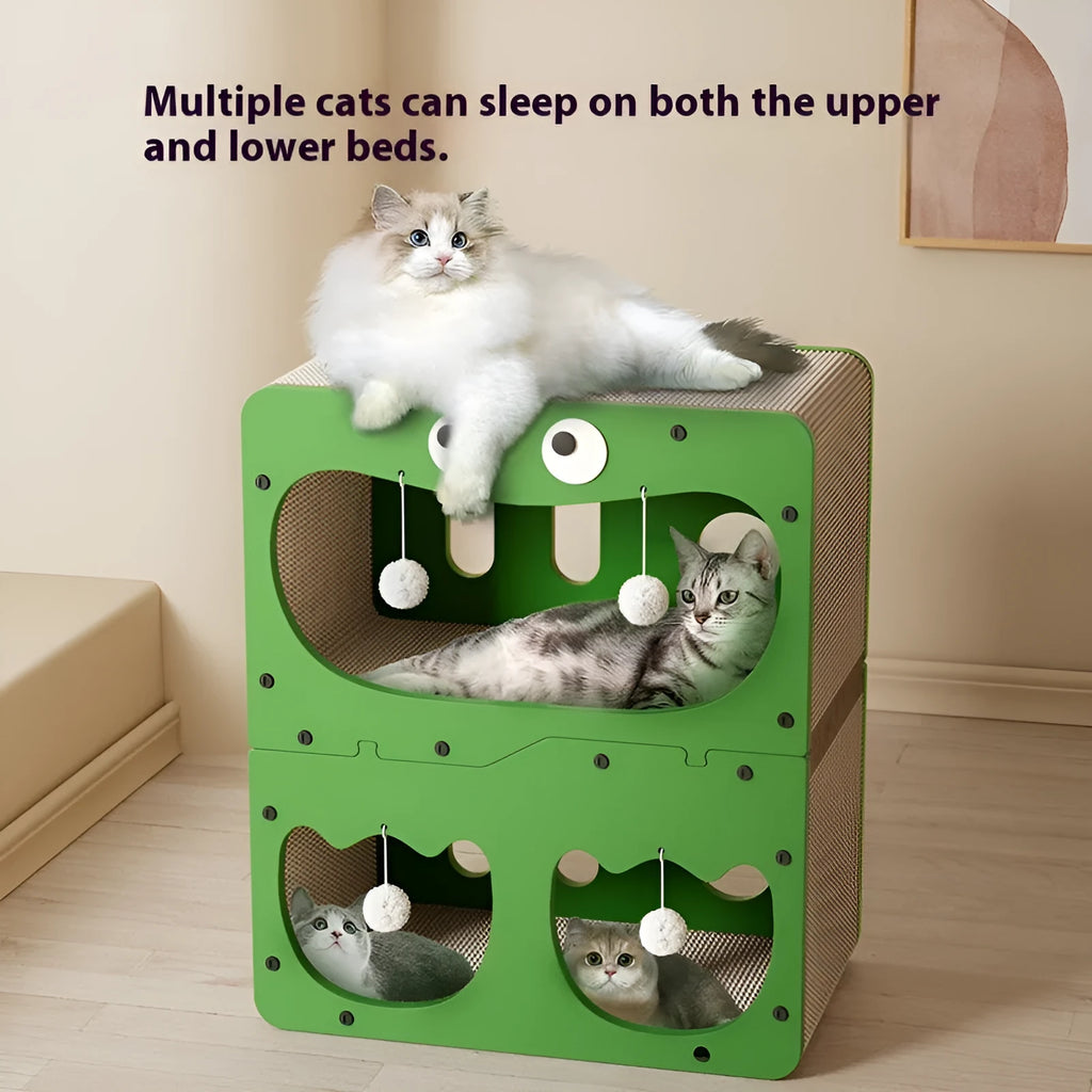Double layer cat scratching board and bed with removable cushion in owl design style