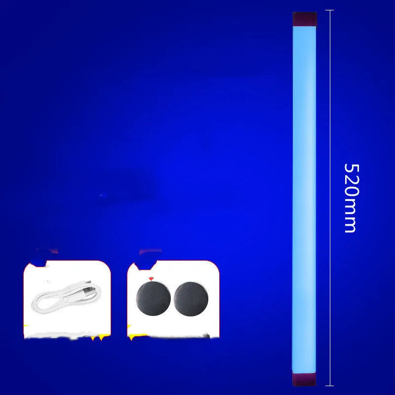 Blue and purple rechargeable LED tube light stick with dimmable RGB settings for photography and room ambience.
