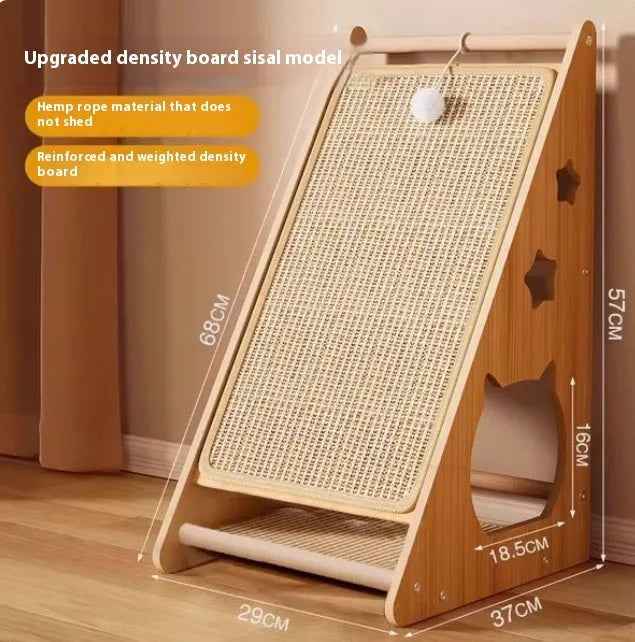 Vertical cat scratch board with sisal and hemp rope scratching surface mounted on wall