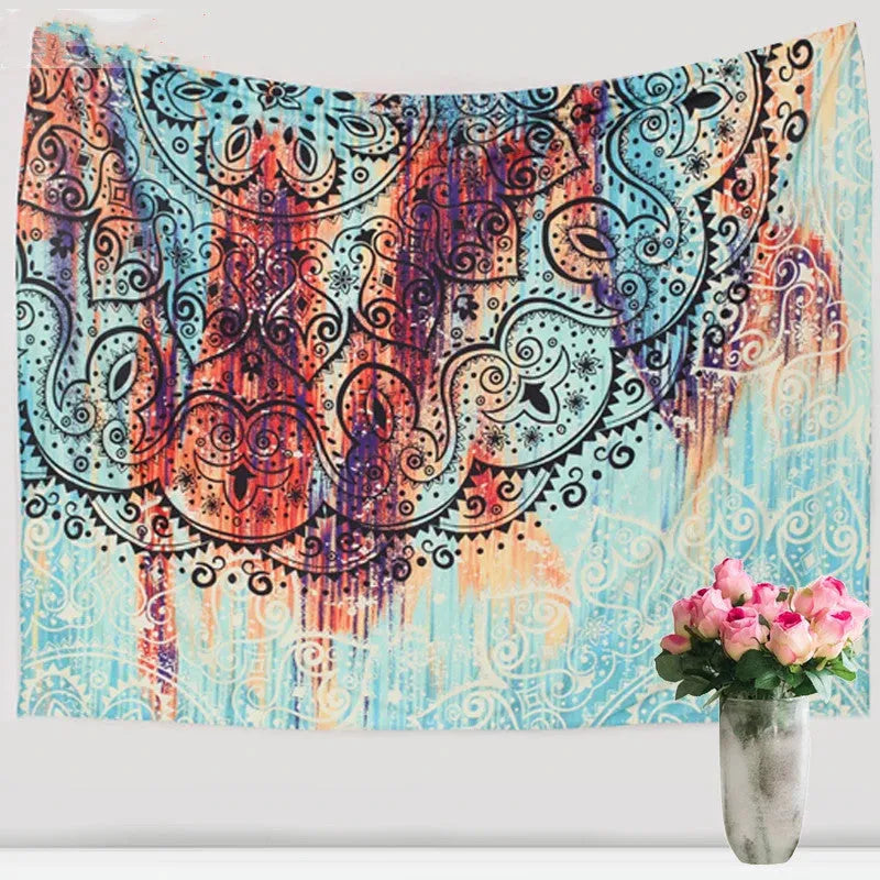Bohemian mandala tapestry with printed sketched floral pattern on 100% polyester fabric