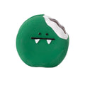 Yellow and green bread-shaped latex dog chew toy with squeaker.