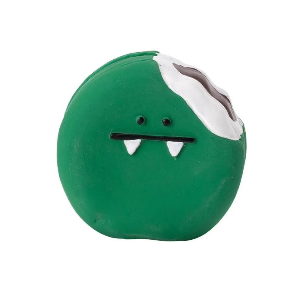 Yellow and green bread-shaped latex dog chew toy with squeaker.