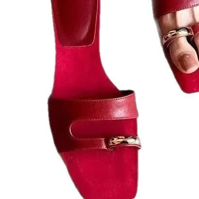 Plus size square head leather slippers with rubber sole in black colour