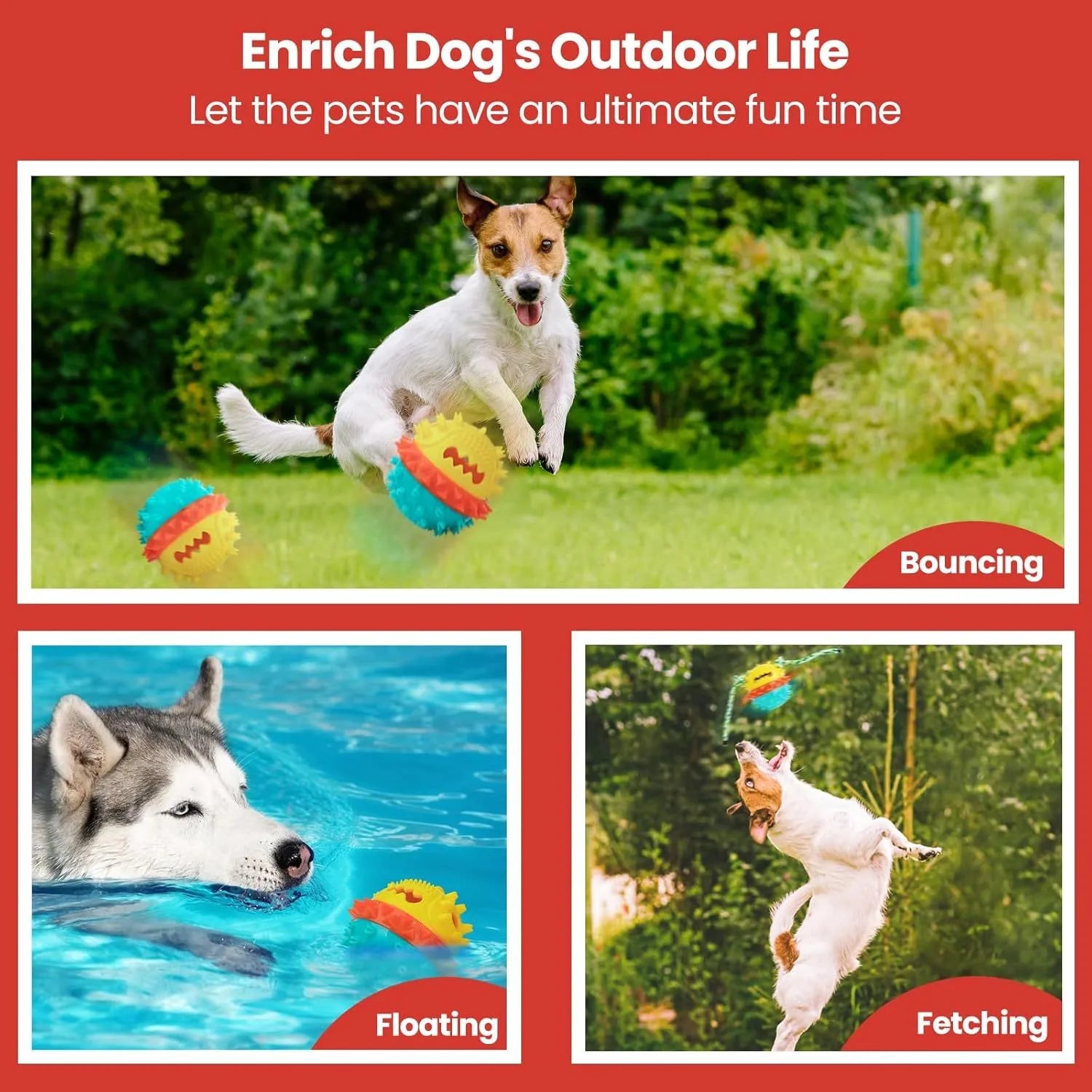Blue and red bouncy ball dog chew toy with rope and treat hole for aggressive chewers