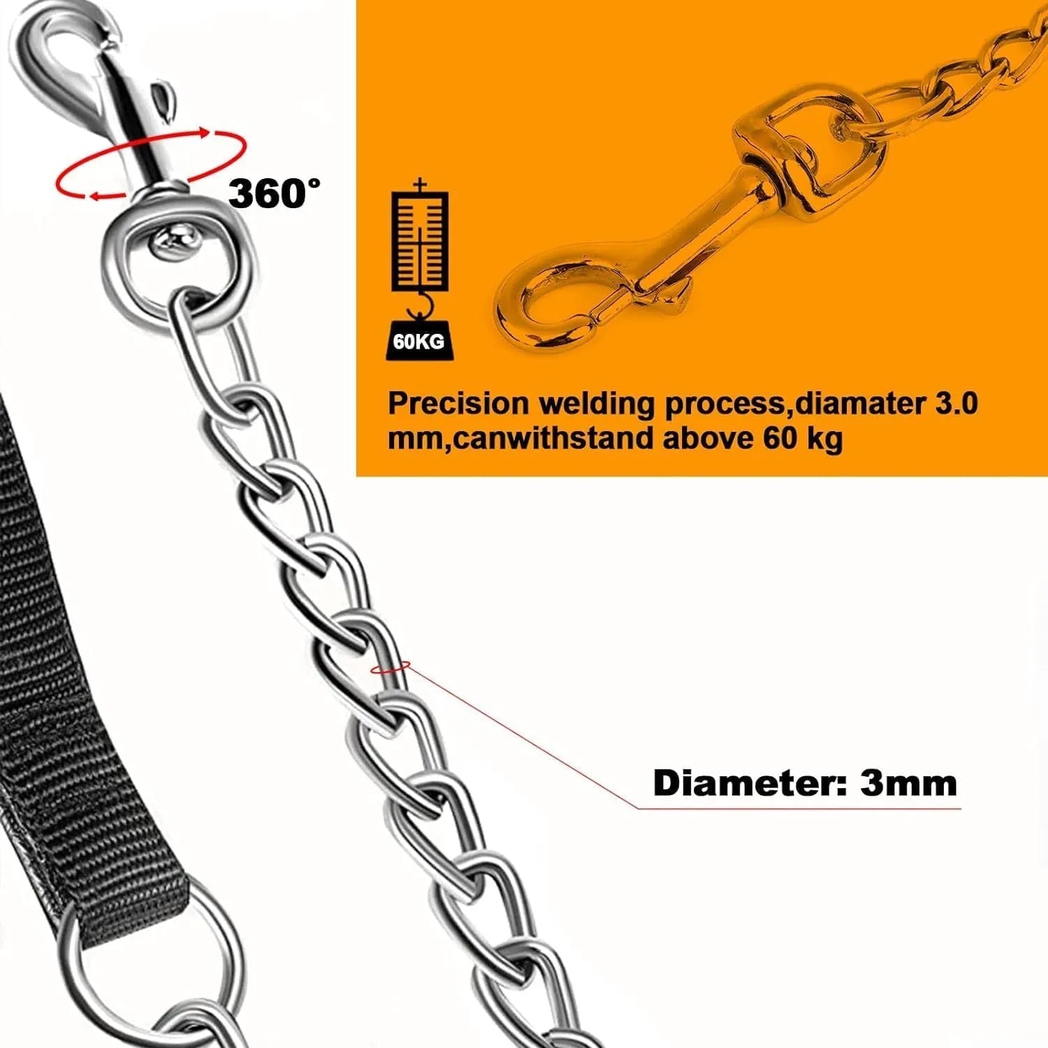 Heavy duty metal dog leash chain with a soft black padded handle