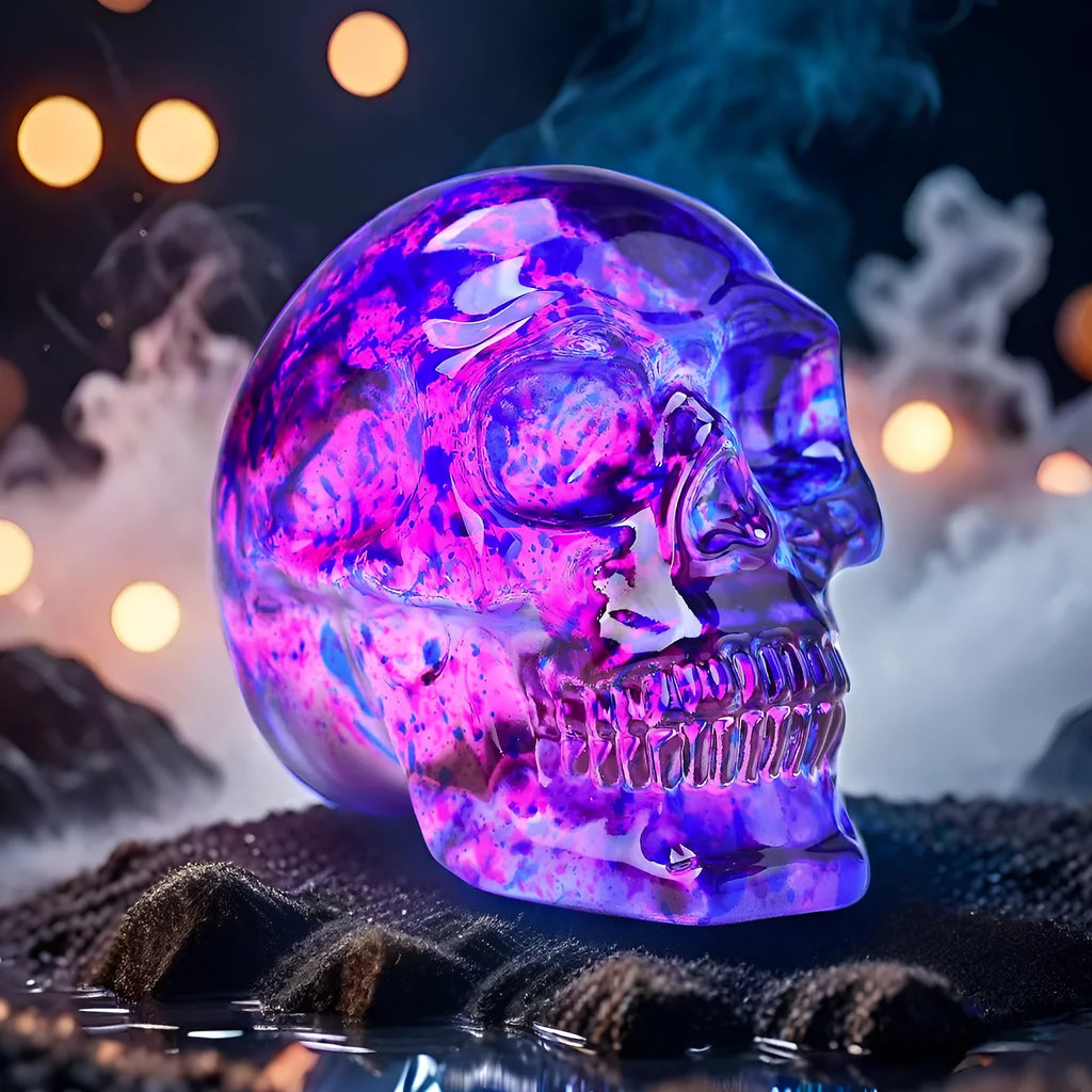 Pink and blue floral glass skull ornament on a shelf for decorative display