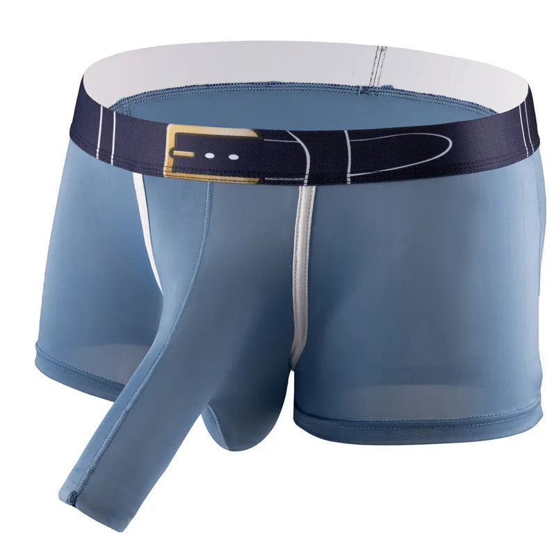Men's solid colour ice silk boxers in mid-waist design showing grey, black, green, blue colour options