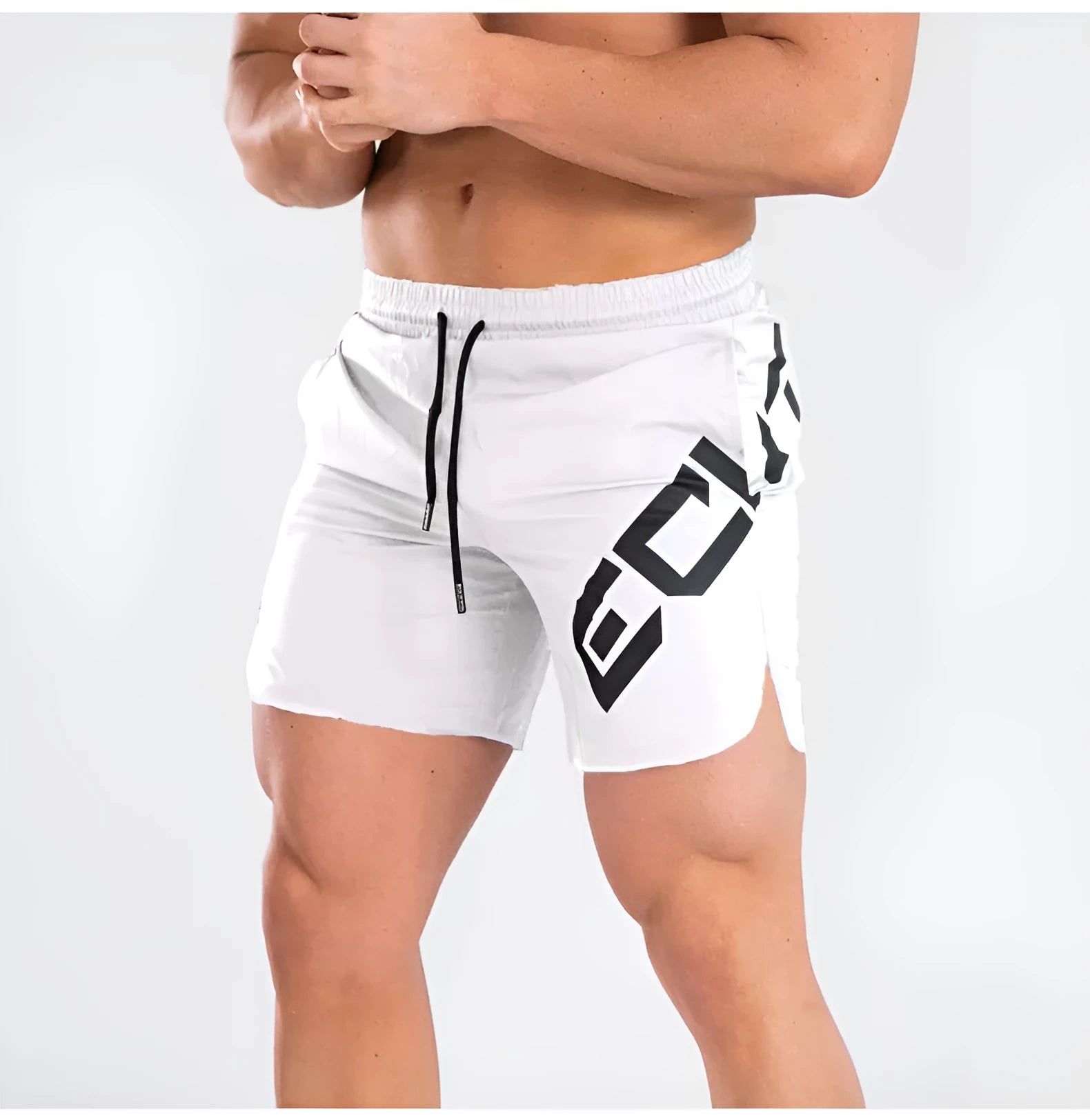 Men's black knee-length running shorts with elastic waist, shown flat for detail.