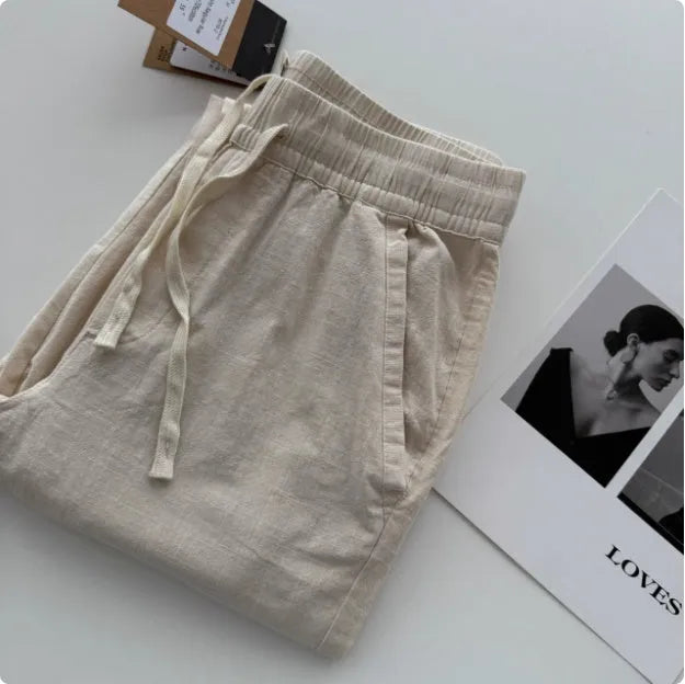 Men's loose straight leg casual pants in thin summer fabric with drawstring waistband