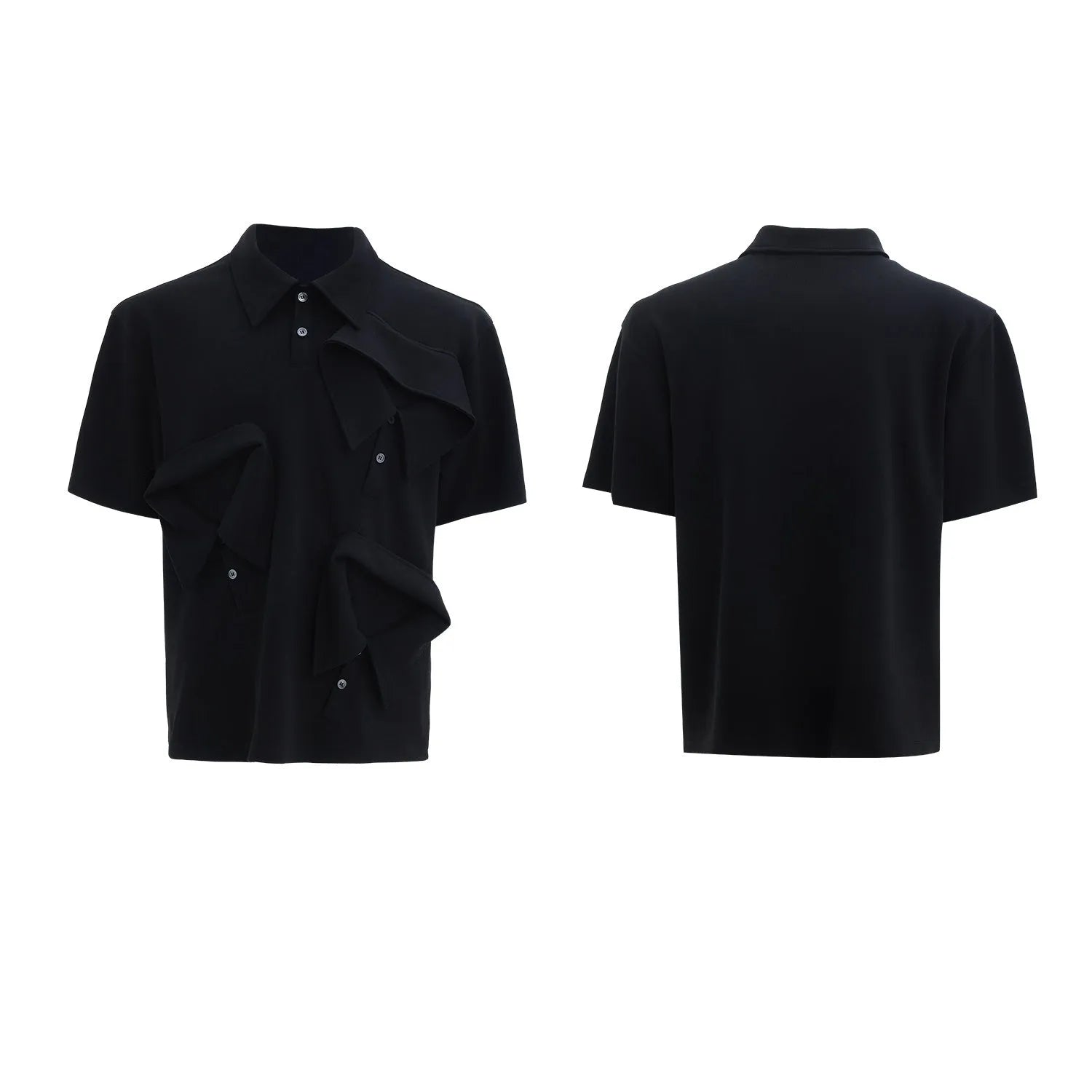 Men's loose fit deconstructed polo shirt with geometric print in black, gray, or white.