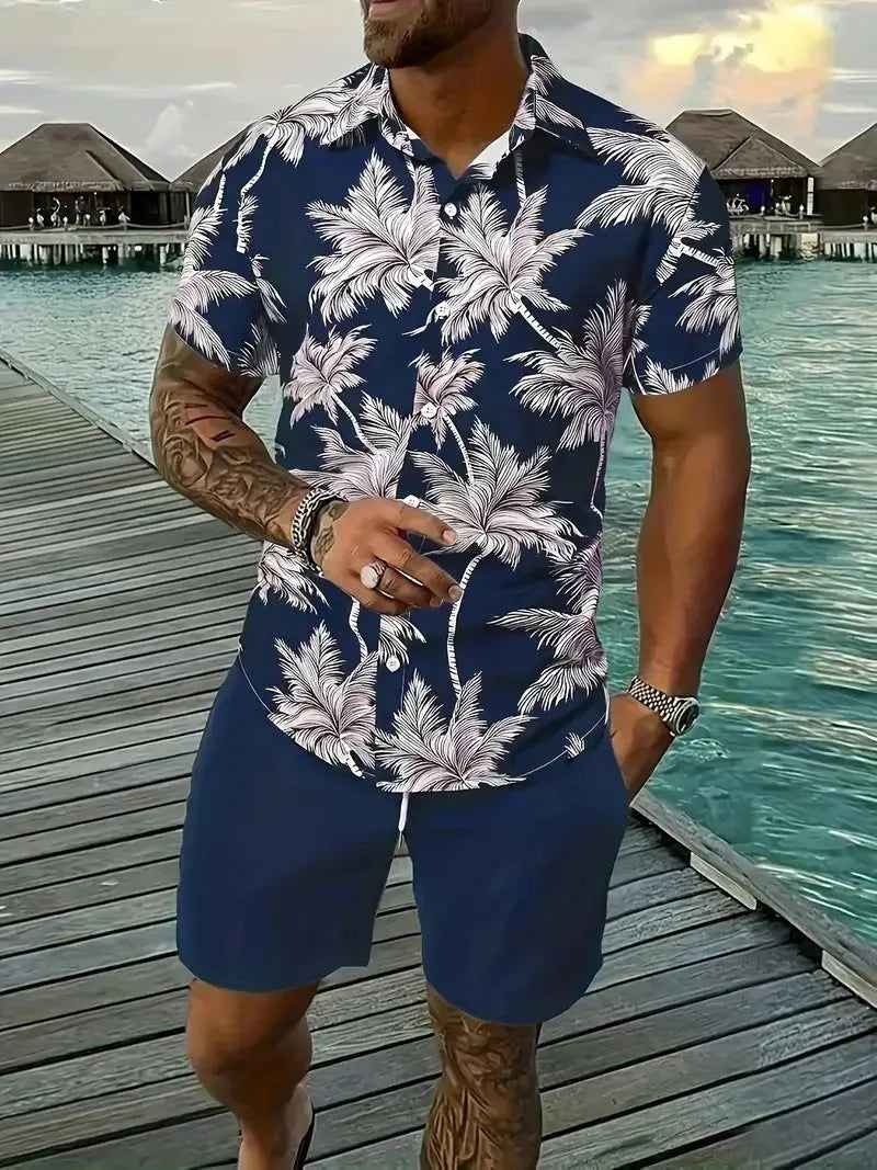 Men's Hawaiian patterned short sleeve suit with 3D print design and matching shorts