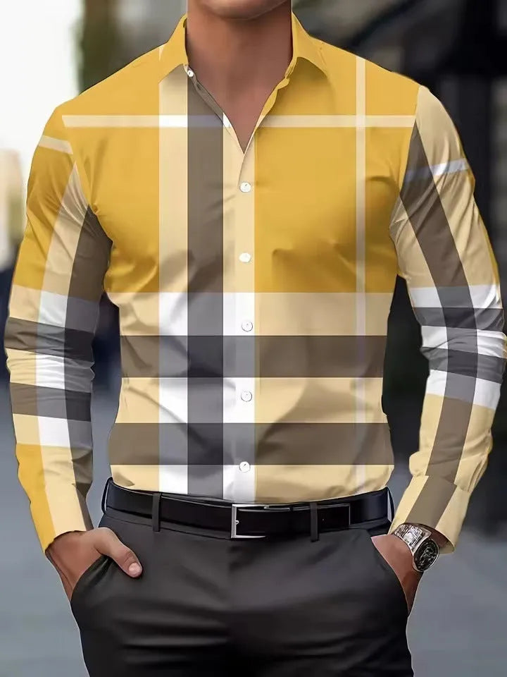 Men's black and blue striped long sleeve shirt with a button lapel collar on a hanger.