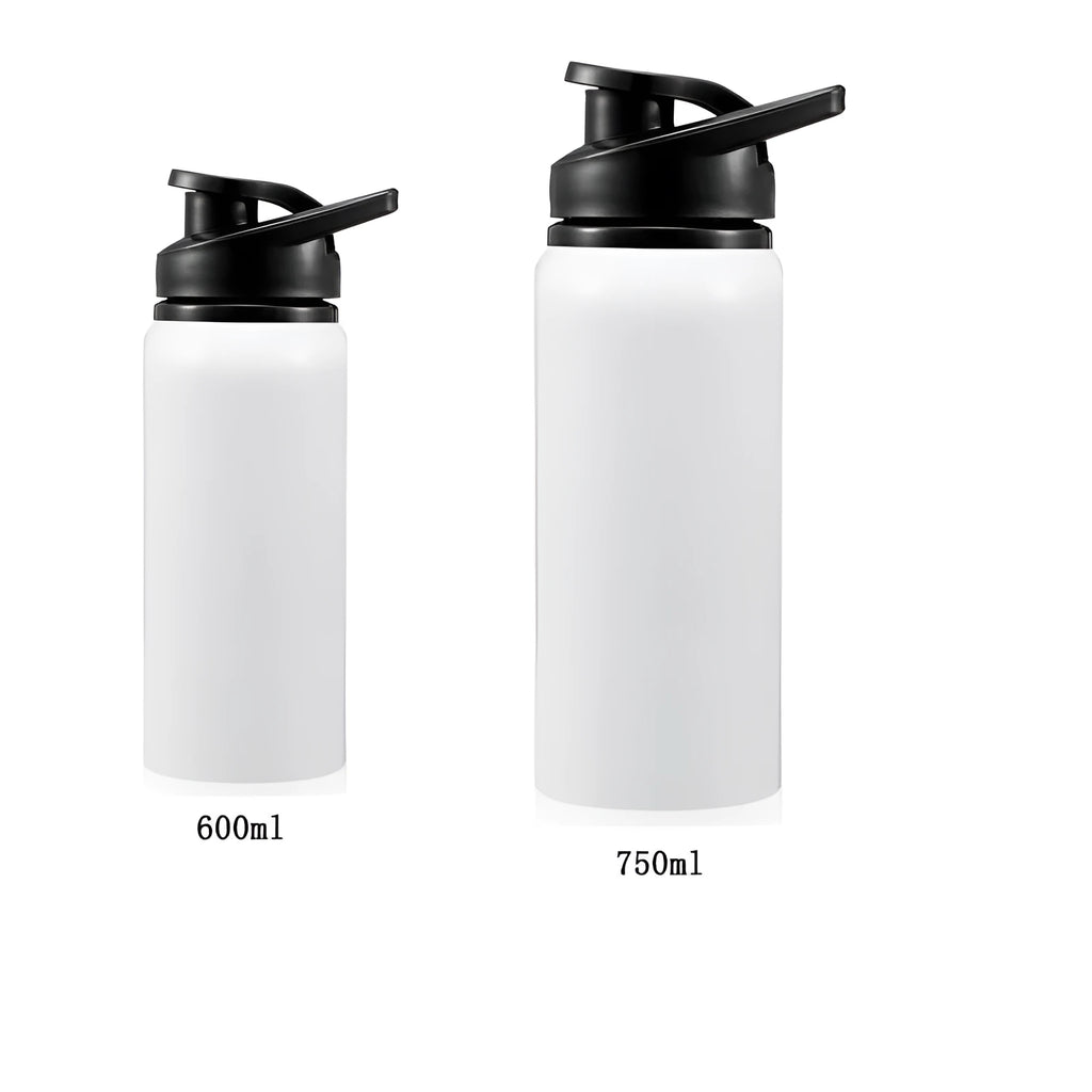 White aluminium sports water bottle for cycling and gym with 600ml and 750ml capacity options
