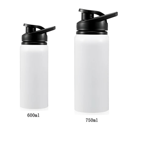 White aluminium sports water bottle for cycling and gym with 600ml and 750ml capacity options