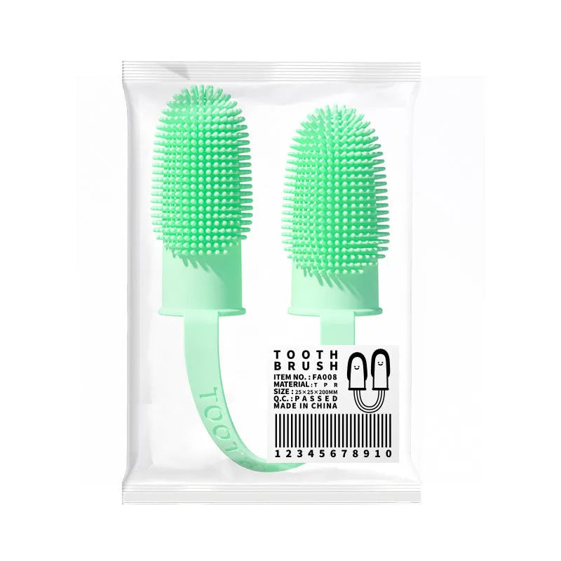 TPR double finger pet toothbrush in pink, blue green, and yellow for dog and cat dental care.