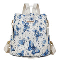 Butterfly printed PU backpack in multiple colours showing sewing line detail and curved backplate