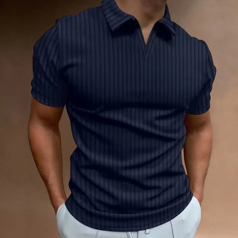 Men's striped V-neck polo shirt in high elastic cotton blend fabric for summer sports wear