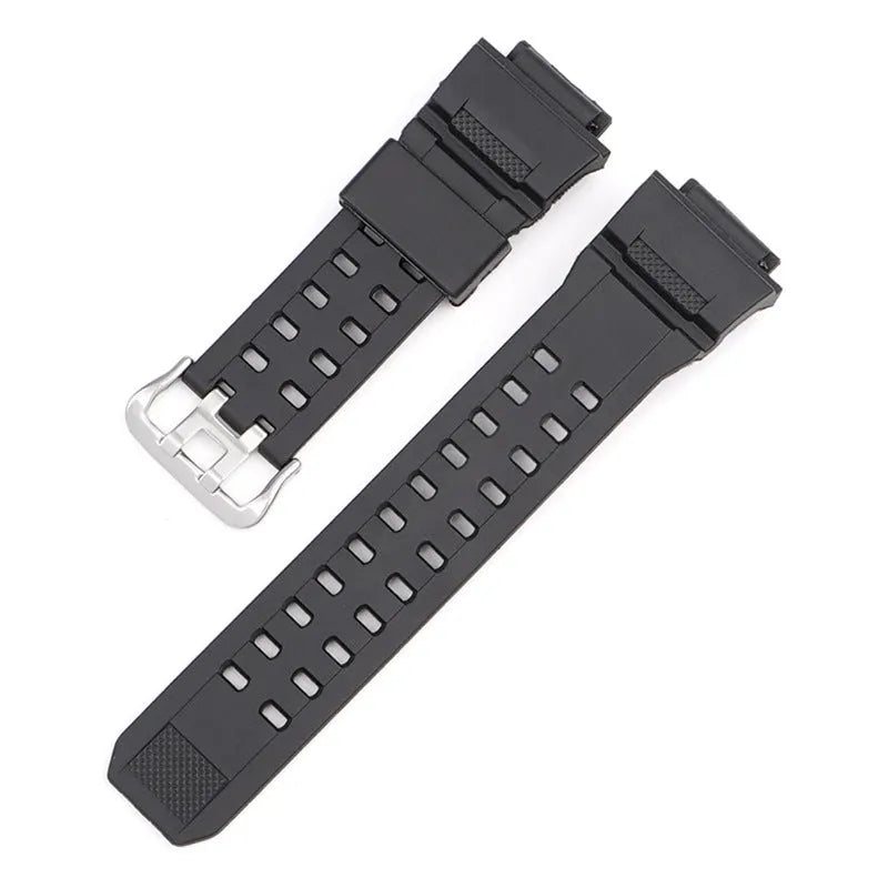 Camouflage patterned TPU resin watch strap with silver buckle on a grey background