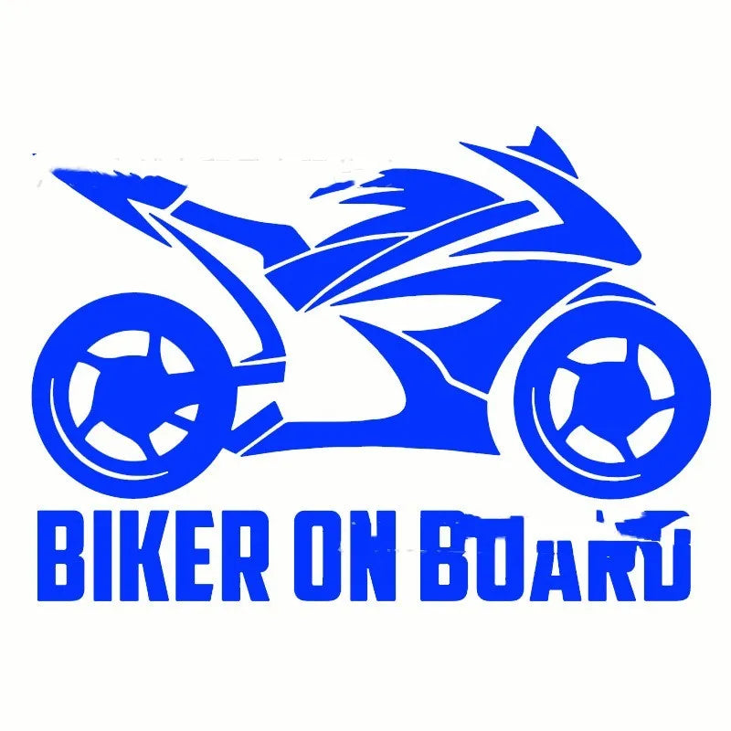 Motorcycle reflective safety sticker in PET material showing two size options: 14×20cm and 10×15cm