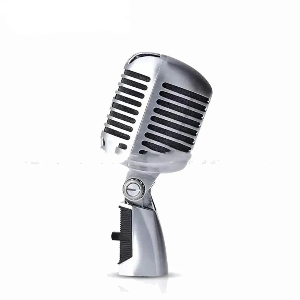 Classical retro dynamic microphone in gold finish with all-metal construction and heart-shaped polar pattern for stage performance